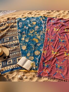 Boho Southwestern Geometric Print 100% Cotton Plush Bath Towel Set of 3 EUC